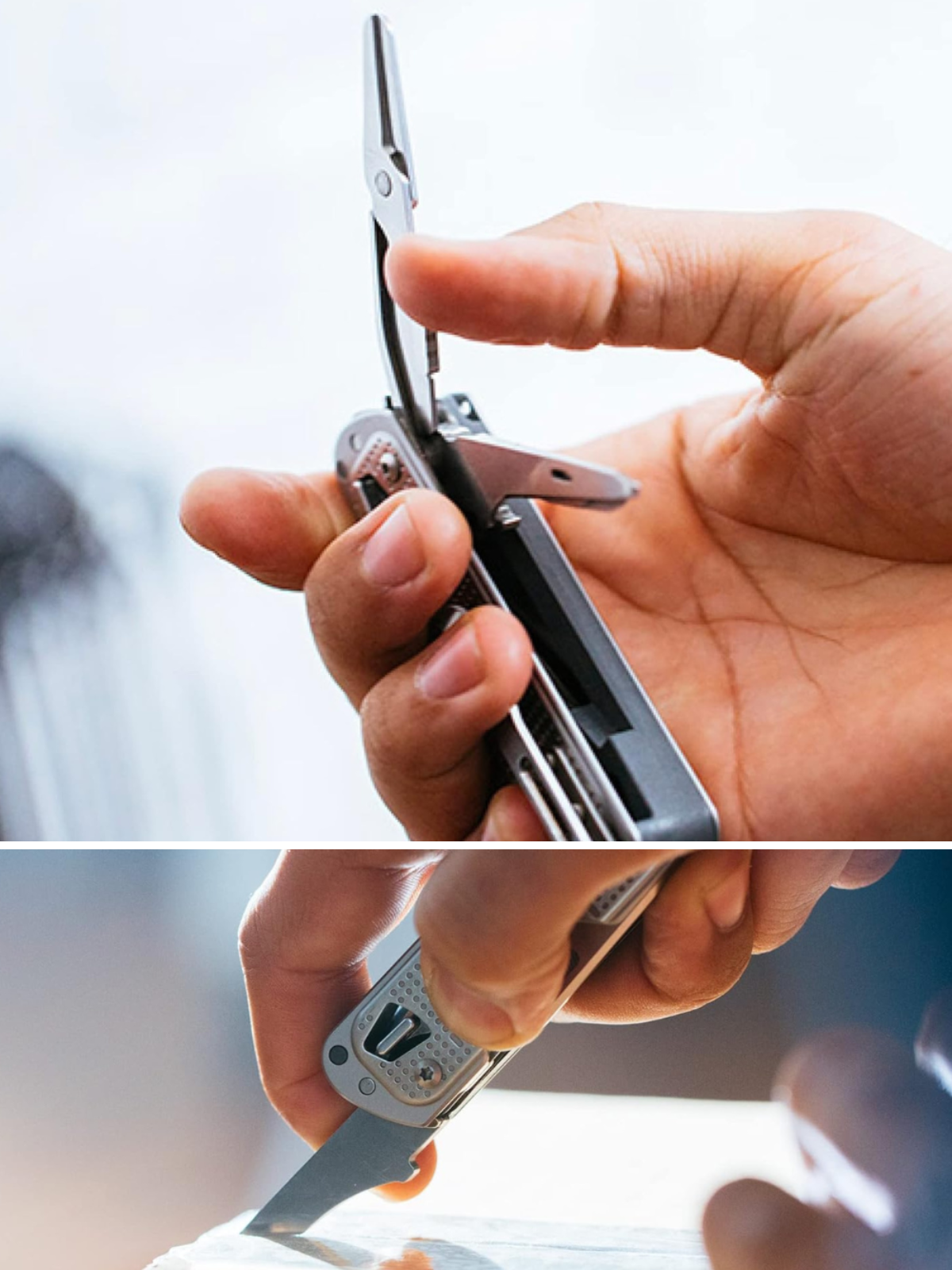 A man opening a blade on his Leatherman knife.