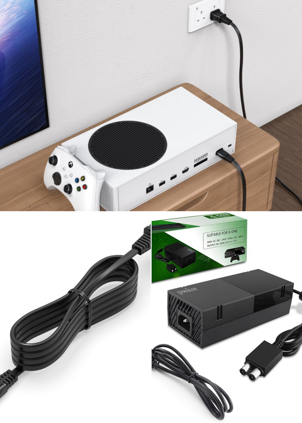An Xbox plugged into a wall socket, a long cord and Xbox power supply with cord