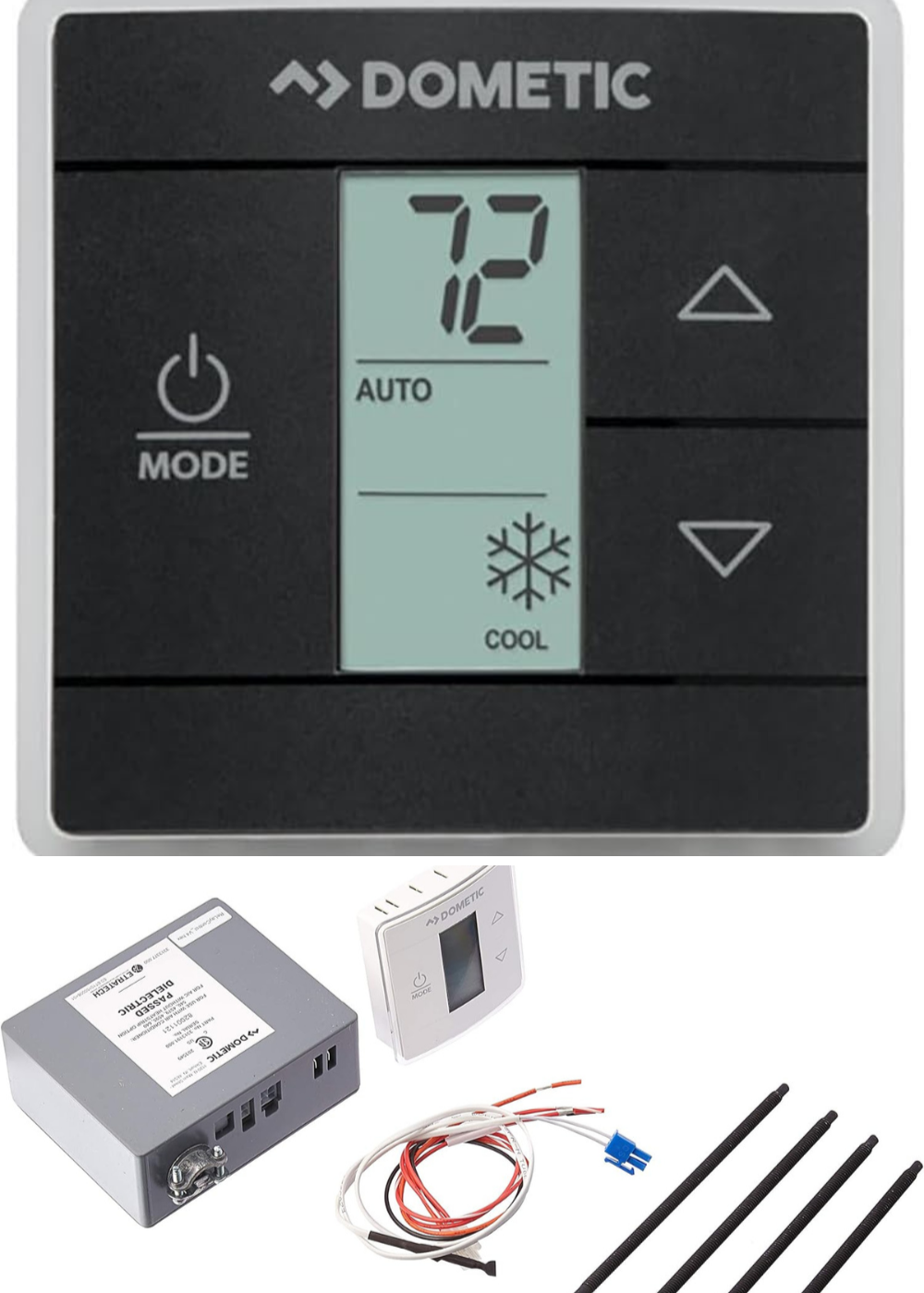A close up of a black Dometic digital thermostat, and a white thermostat kit