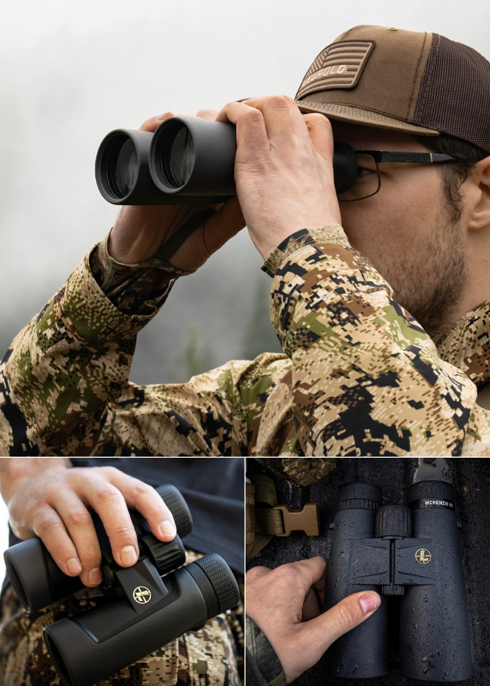 A man using binoculars, another holding binoculars, and Leupolds on a table outdoors as a man reaches them