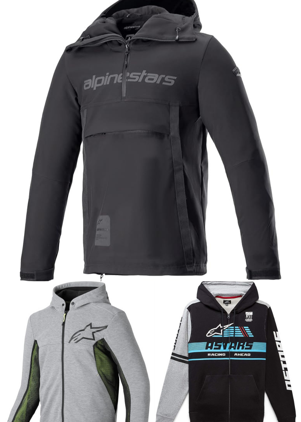 Three different styles of hoodies from motorcycle racing company Alpinestars
