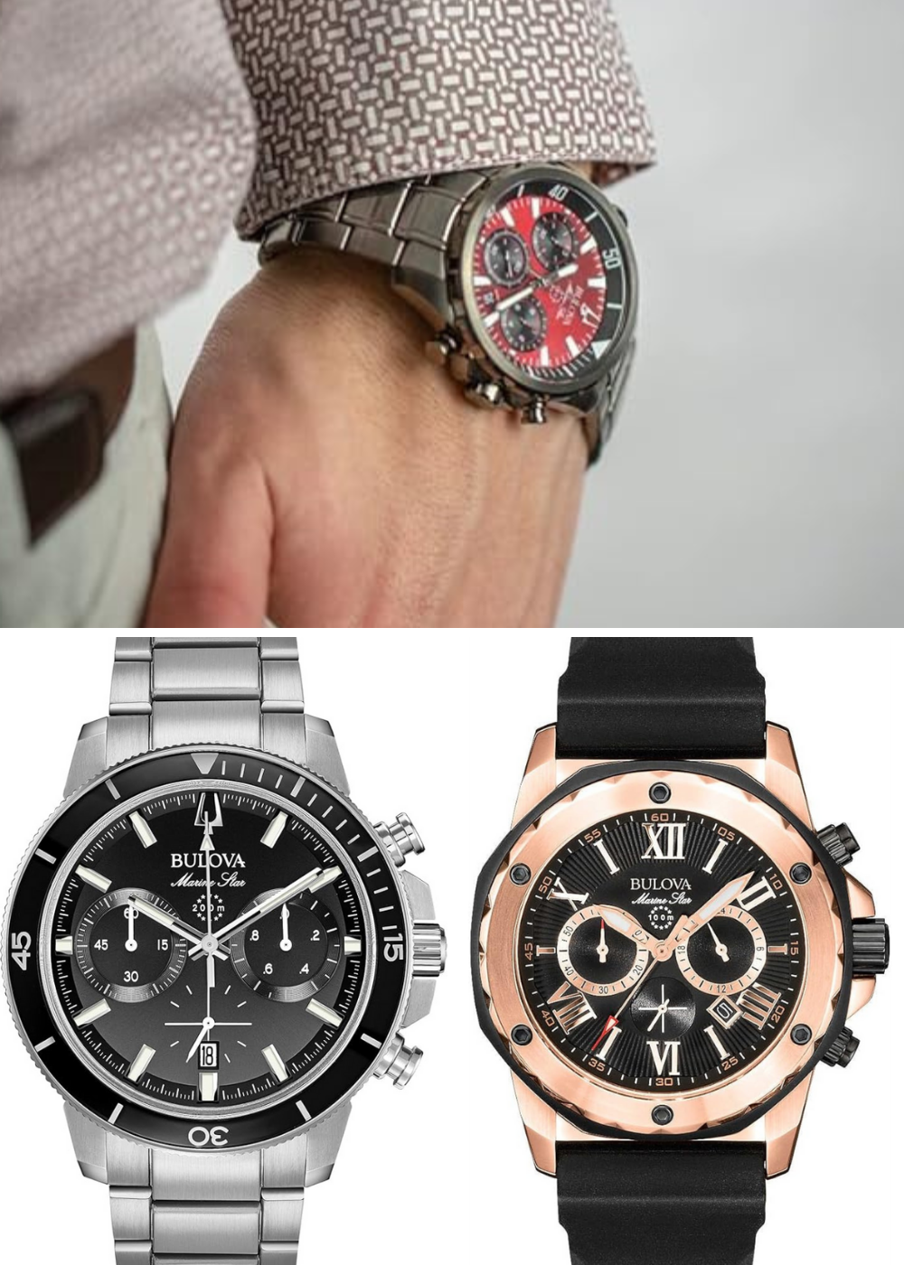 A man wearing a red faced Marine Star, and 2 more Bulova Star's showing different colors and designs