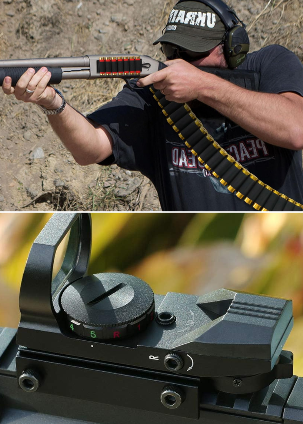 A man shooting a shotgun wearing a banderalo, and a red-dot optic installed on a gun.