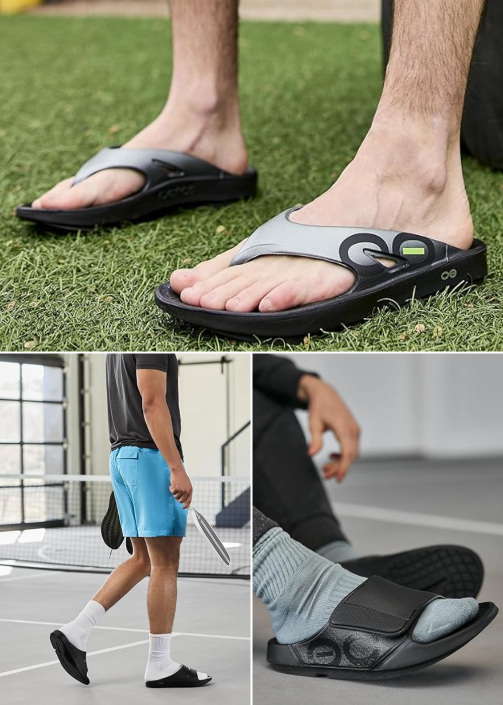 3 pictures of OOFOS in different styles worn by men.