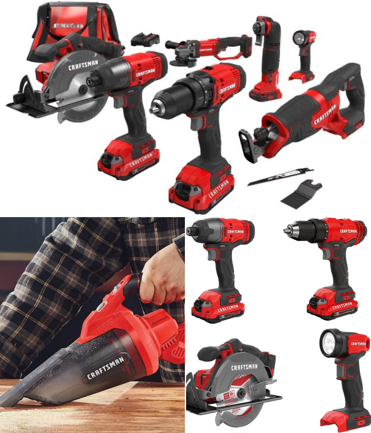 Two different Craftsman sets of power tools, and a man vacuuming a workbench.