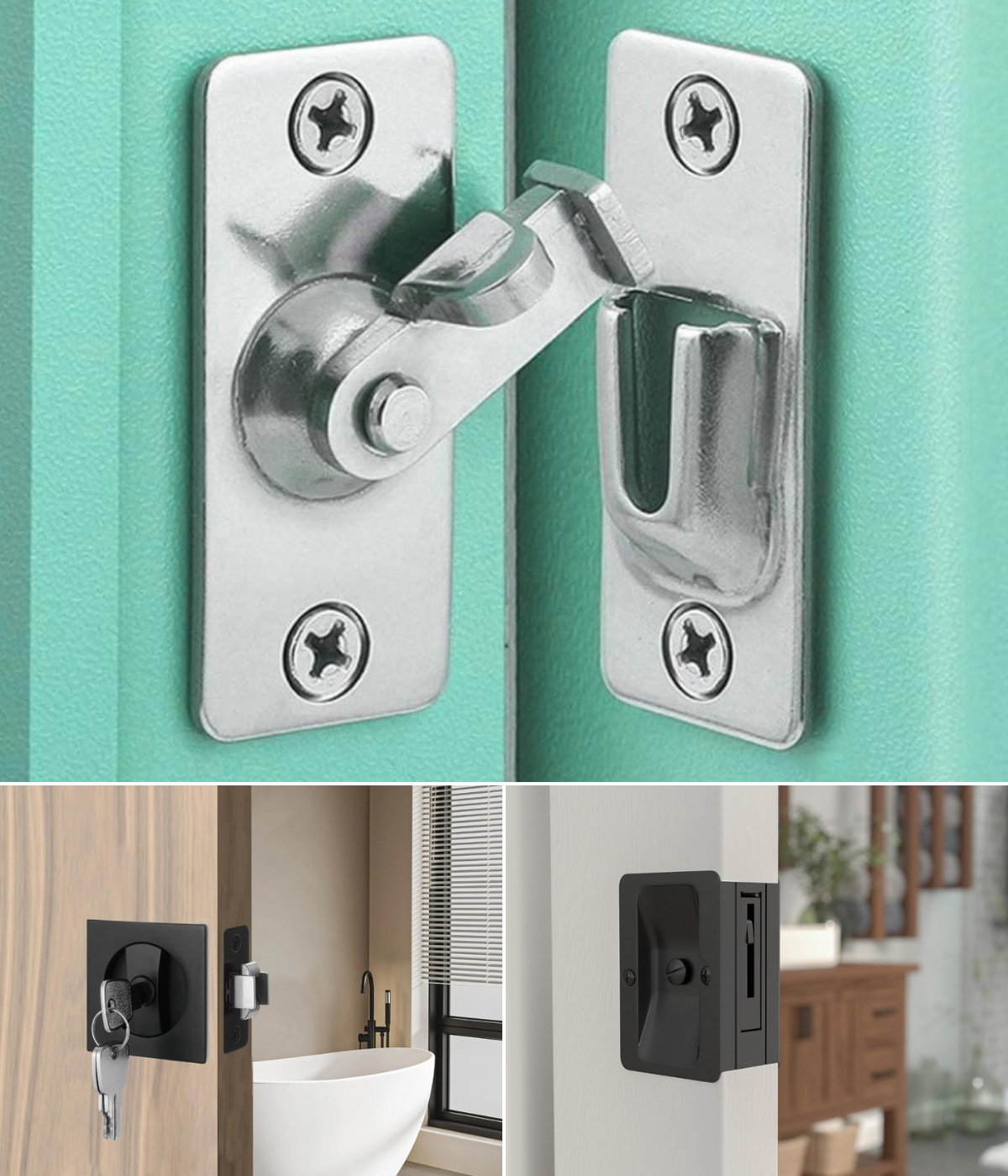 Three different style, shape, and color pocket locks installed on doors.