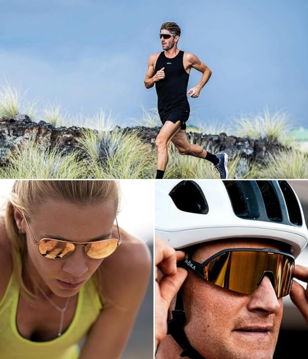 A man running, a woman bending down, and a man putting on ROKA's before a bike ride.