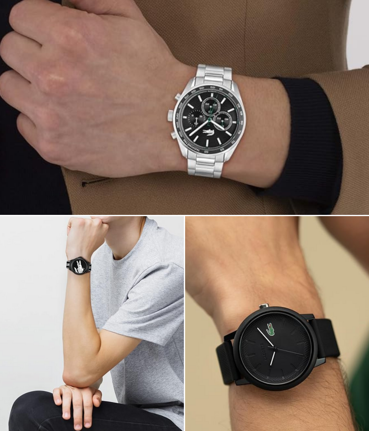 Three different Lacoste's on men's arms.