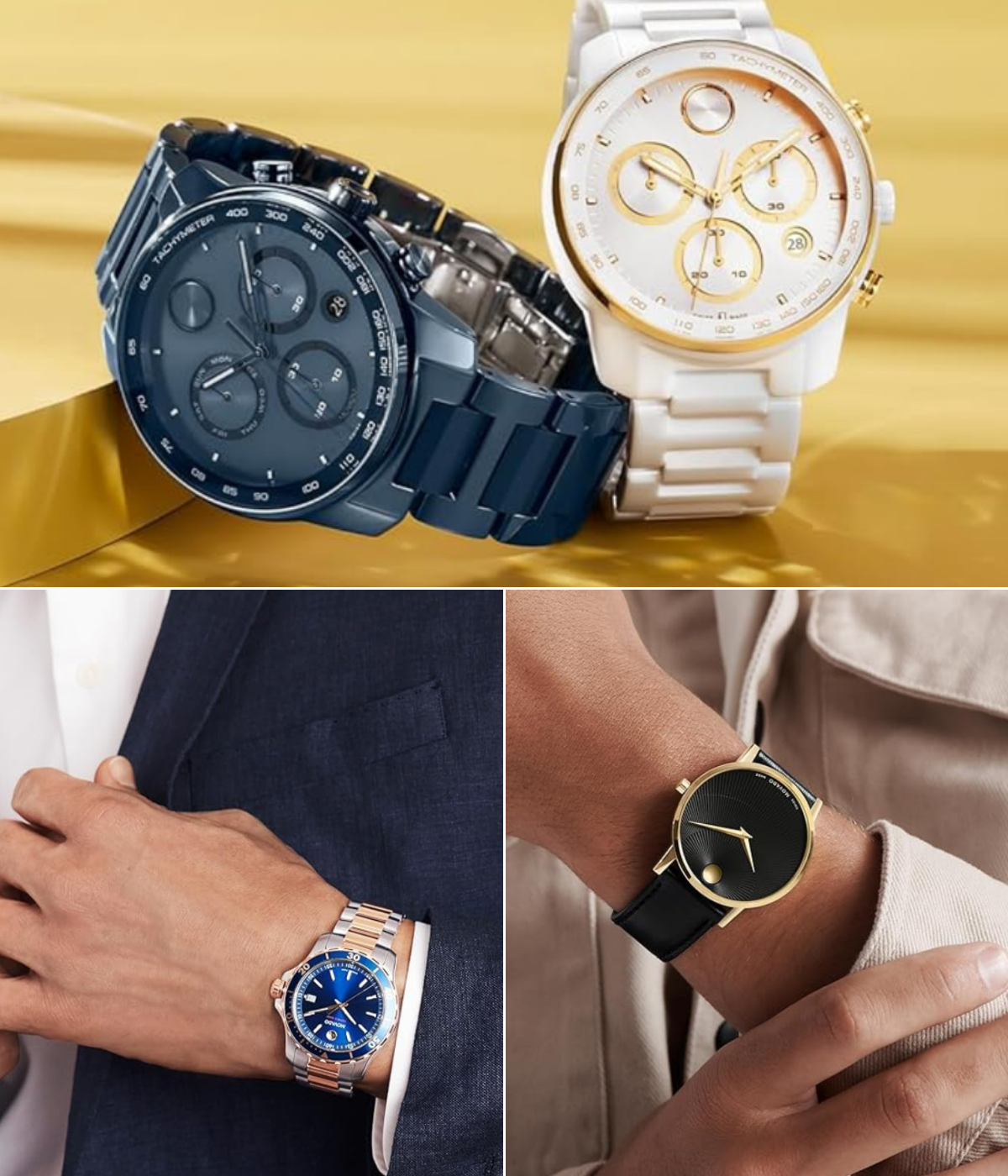 Three different styles of Movado's shown on men's wrists.