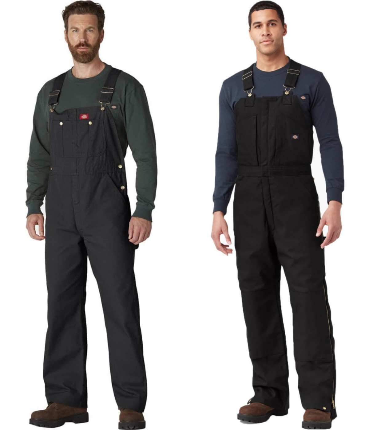 A man wearing men's overalls in black insulated bibs, and another in dark gray bibs.