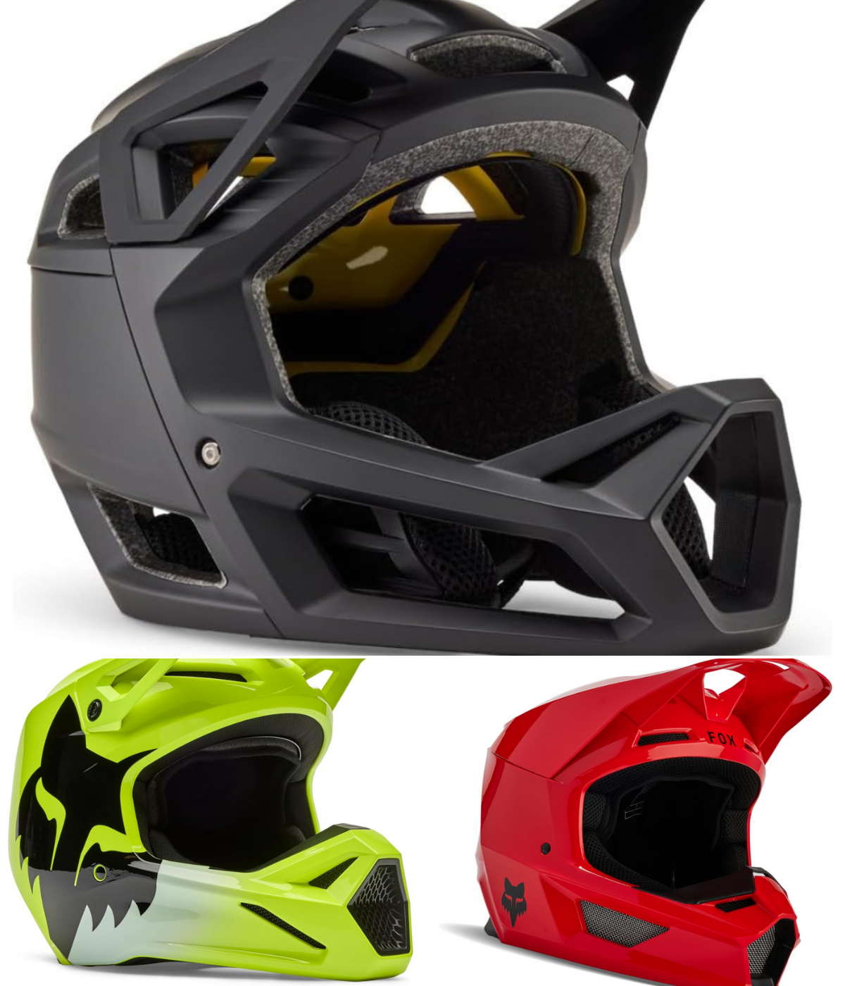 Three versions of helmets for off-road in different styles and colors.