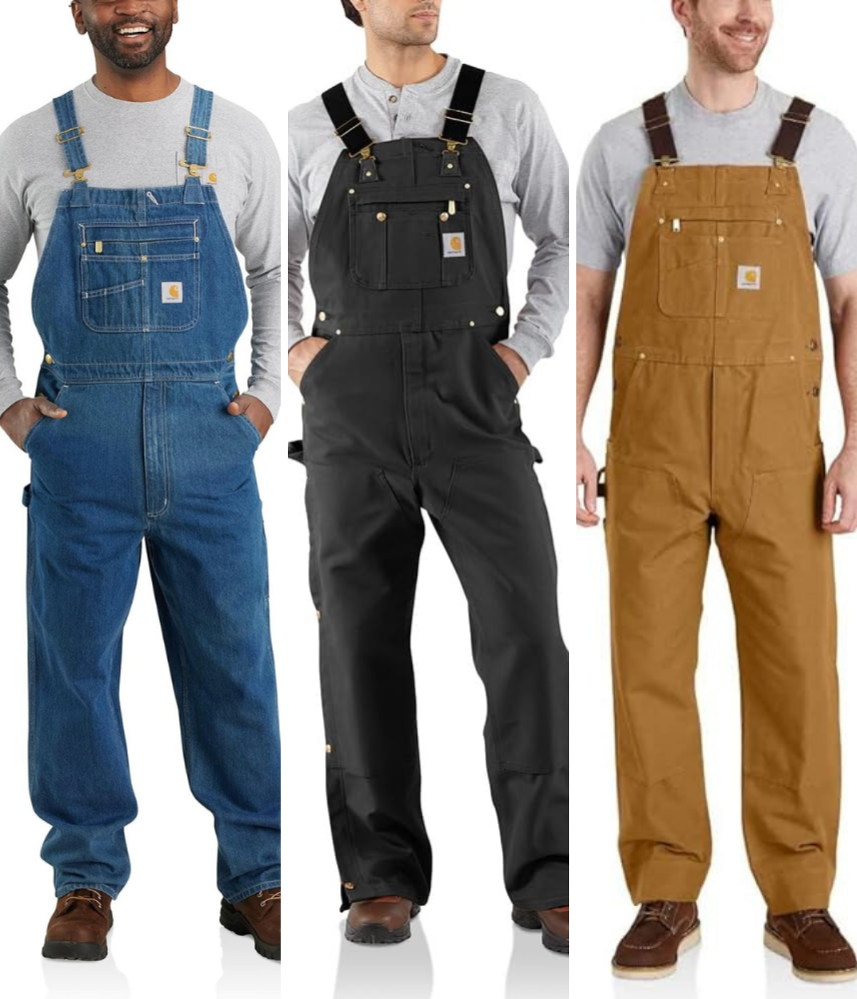 Three versions of overalls made by Carhartt in different materials.