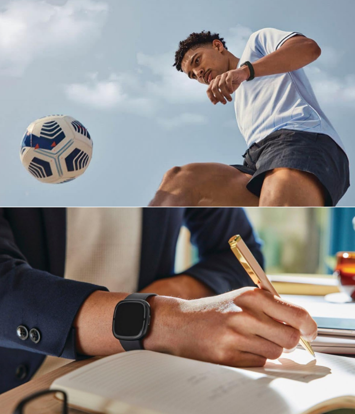 Two men displaying smartwatches in different situations, sports and office.