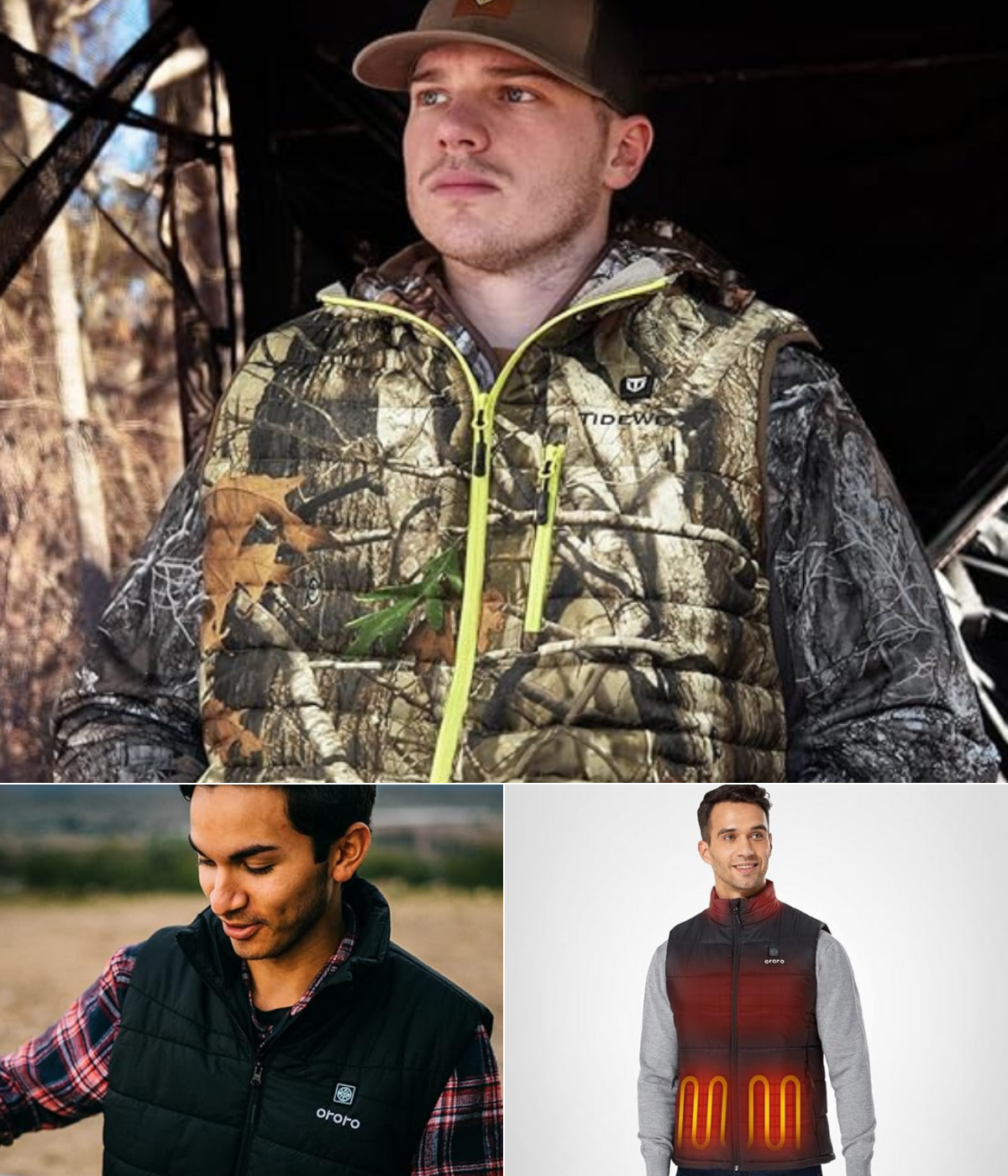 Three men wearing battery operated vests for staying warm at work or play!