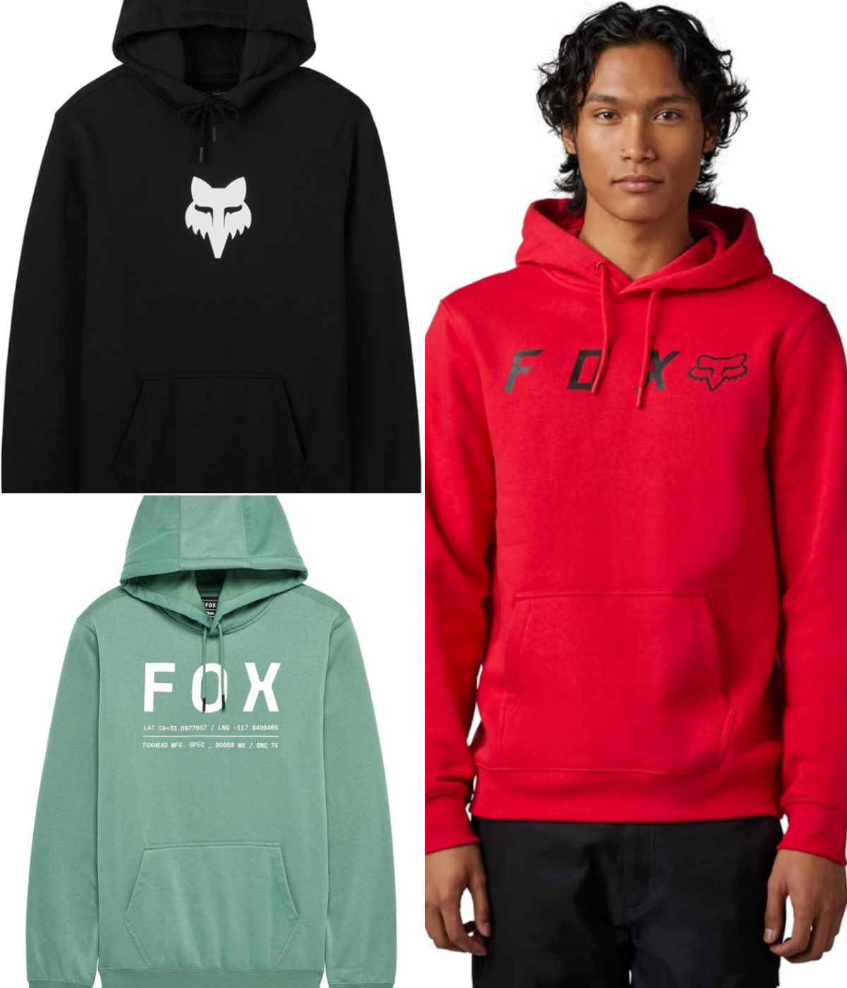 A man wearing a Fox head with logo hoodie, and two other styles and colors of Fox hoodies.