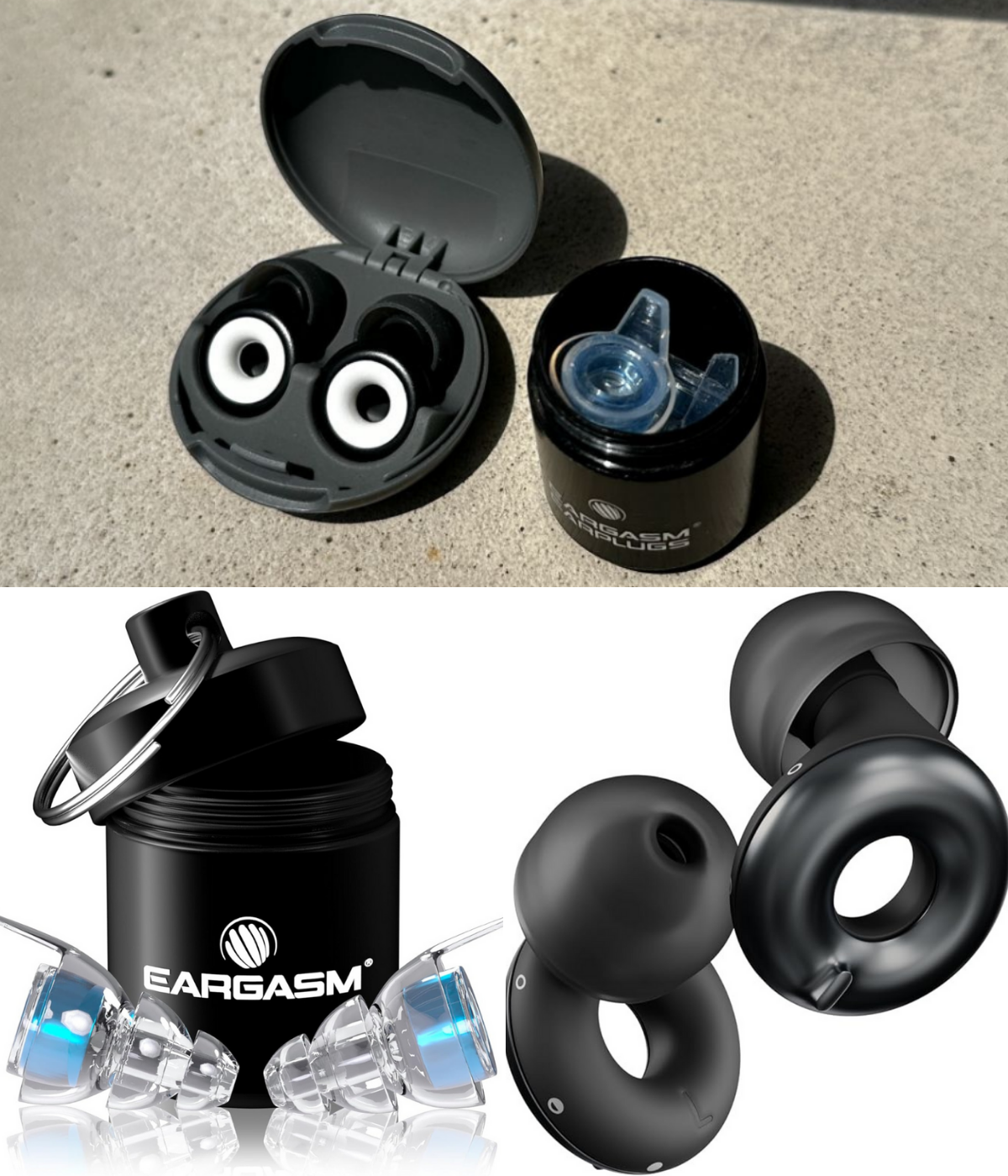 Two sets of earplugs, one by Loop, and one by Eargasm pictured together and separately.