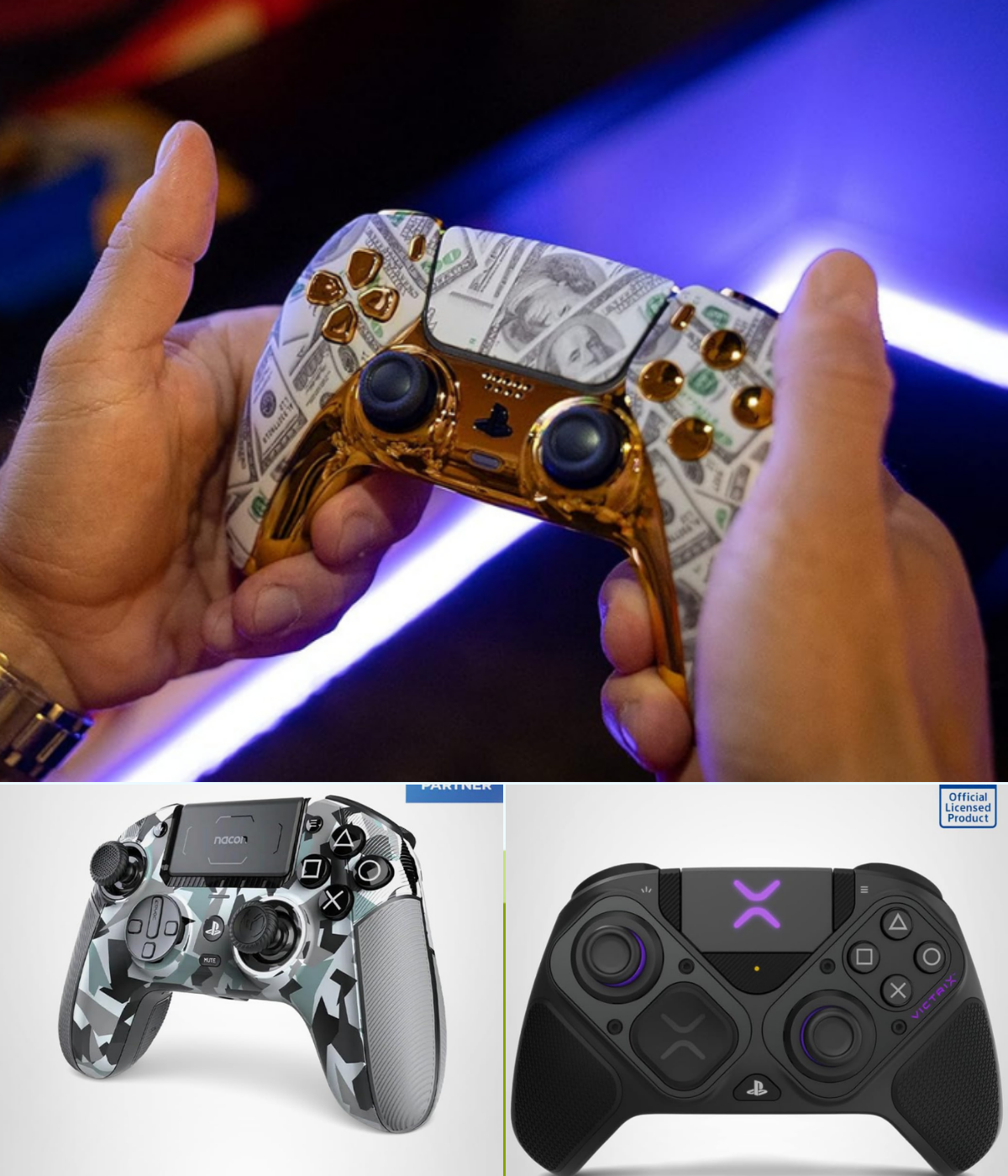 A man holding a controller with gold and $100 bills on it, a black controller and a winter camo controller.