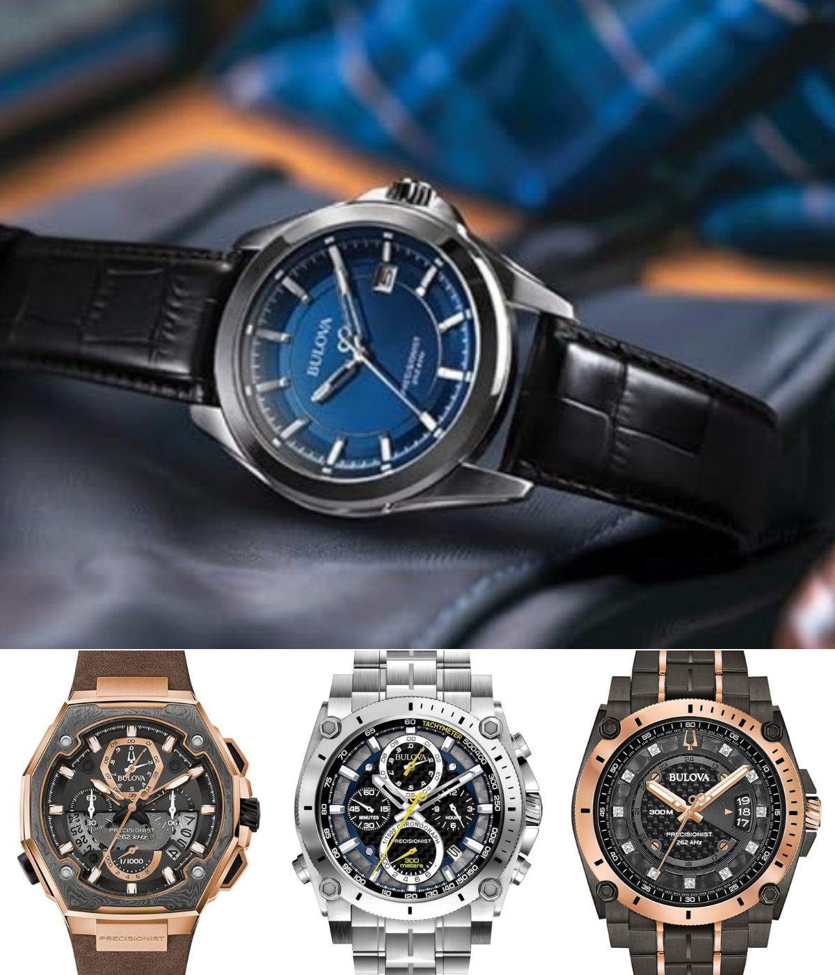 Four versions of the Bulova watch, multiple faces, colors and bands are available in the Precisionist line. 