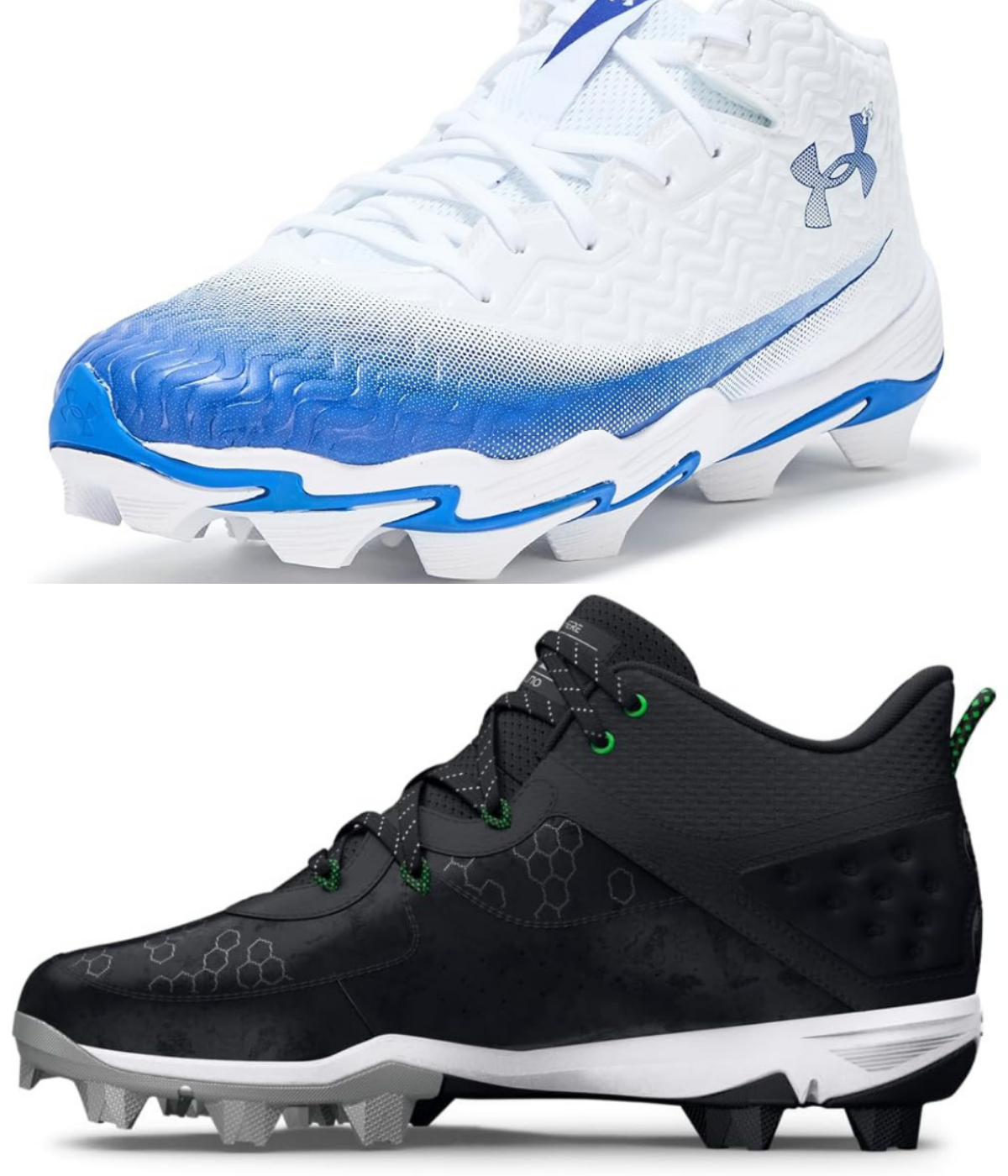 A black and white of cleat and a blue/white mid-top cleats from Under Armour 
