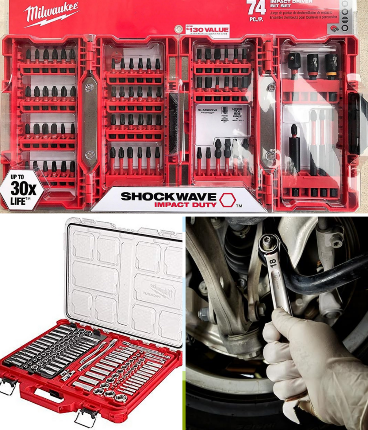 A man loosening a bolt, a socket set, and a drill driver set.