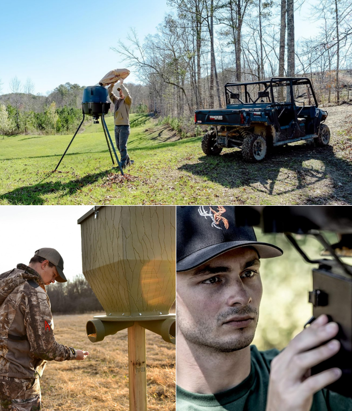 Three feeders, one loading, one programming and one checking a gravity bin filled with corn.