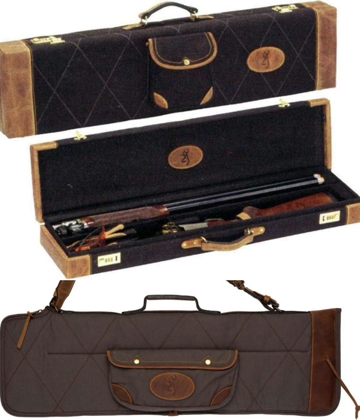 A shotgun case in canvas/leather, and a hard Browning case for takedown double barrels.