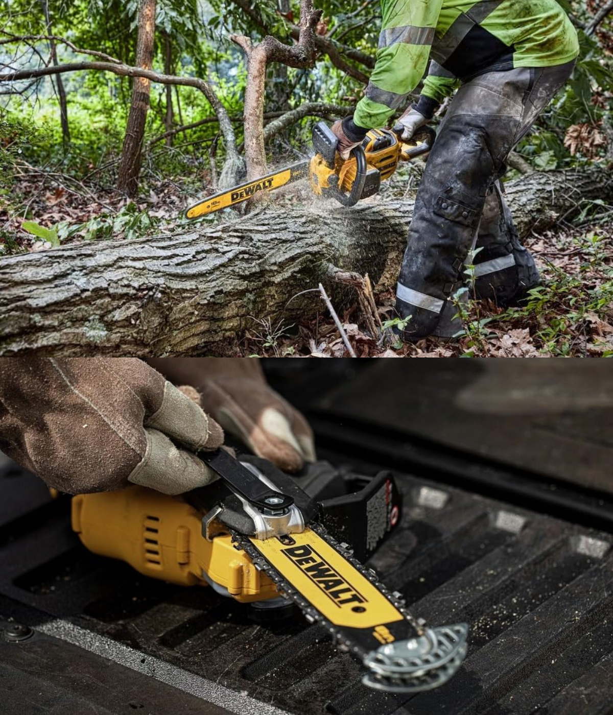A pruning chainsaw and a 20 inch chainsaw by DeWalt