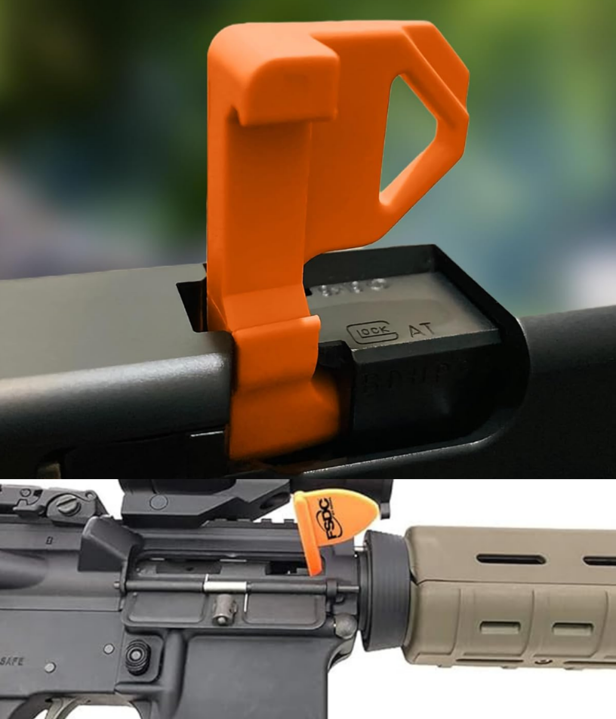 Bright orange chamber safety flag inserted in rifle chamber to indicate the firearm is unloaded.
