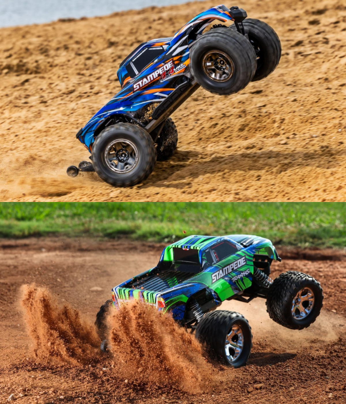 A 2wd Stampede doing a wheelie, and a 4wd Stampede standing on the wheelie bar under power.