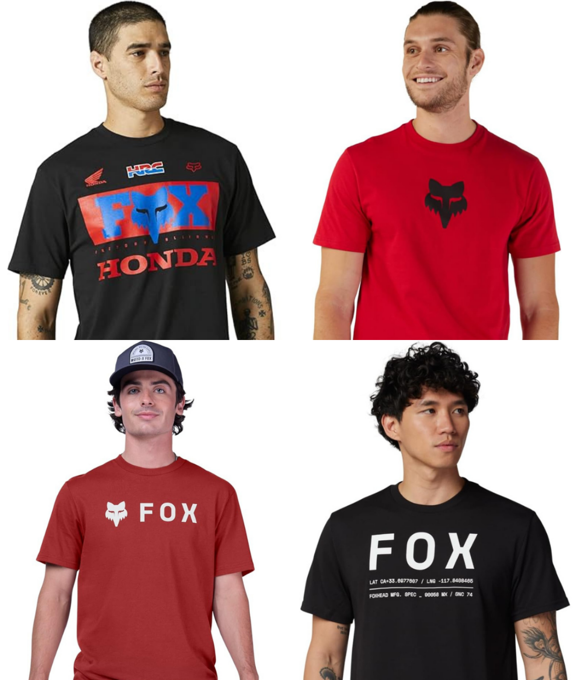 Four Fox Racing tee shirts with bold motocross graphics and different Fox logos