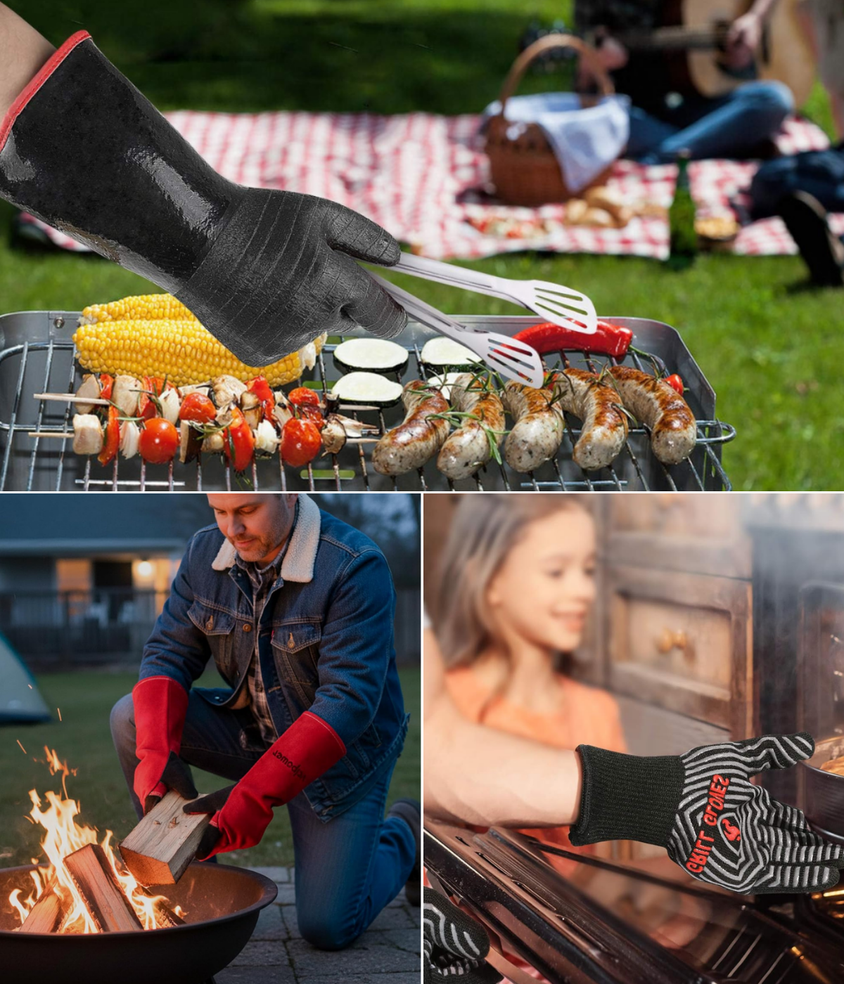 Silicone grip heat resistant gloves for grilling, leather welding heat resistant gloves, and long gloves