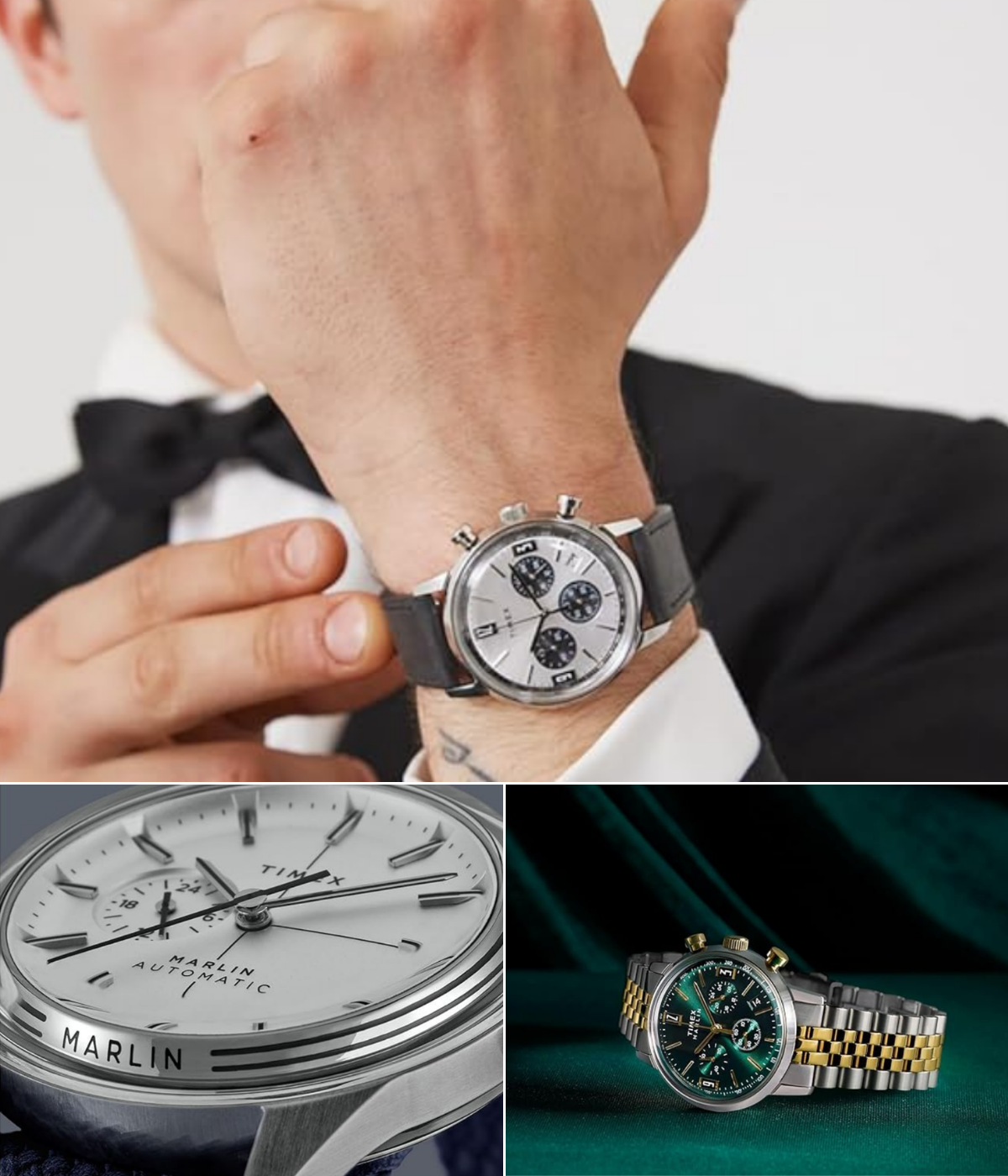 Timex Marlin vintage mechanical dress watch with domed crystal and leather strap, metal bracelet, and close up face.