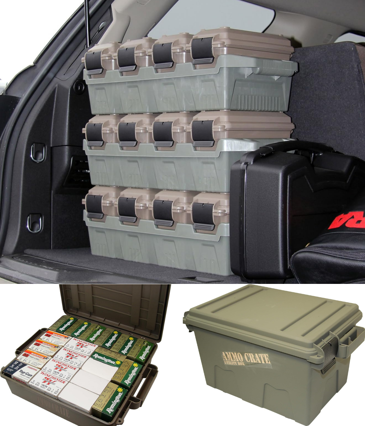 Ammo crates in stacks of four, a crate of shotgun shells, and a closed crate.