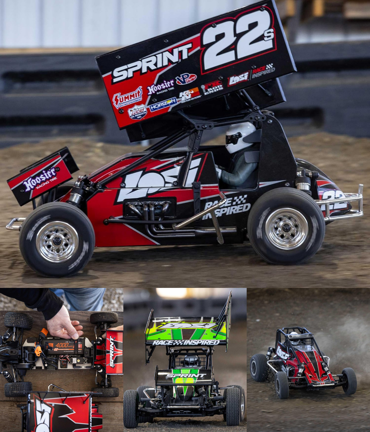 Three pics of the Sprint Car in motion with dirt flying, and an overhead look down at the chassis.