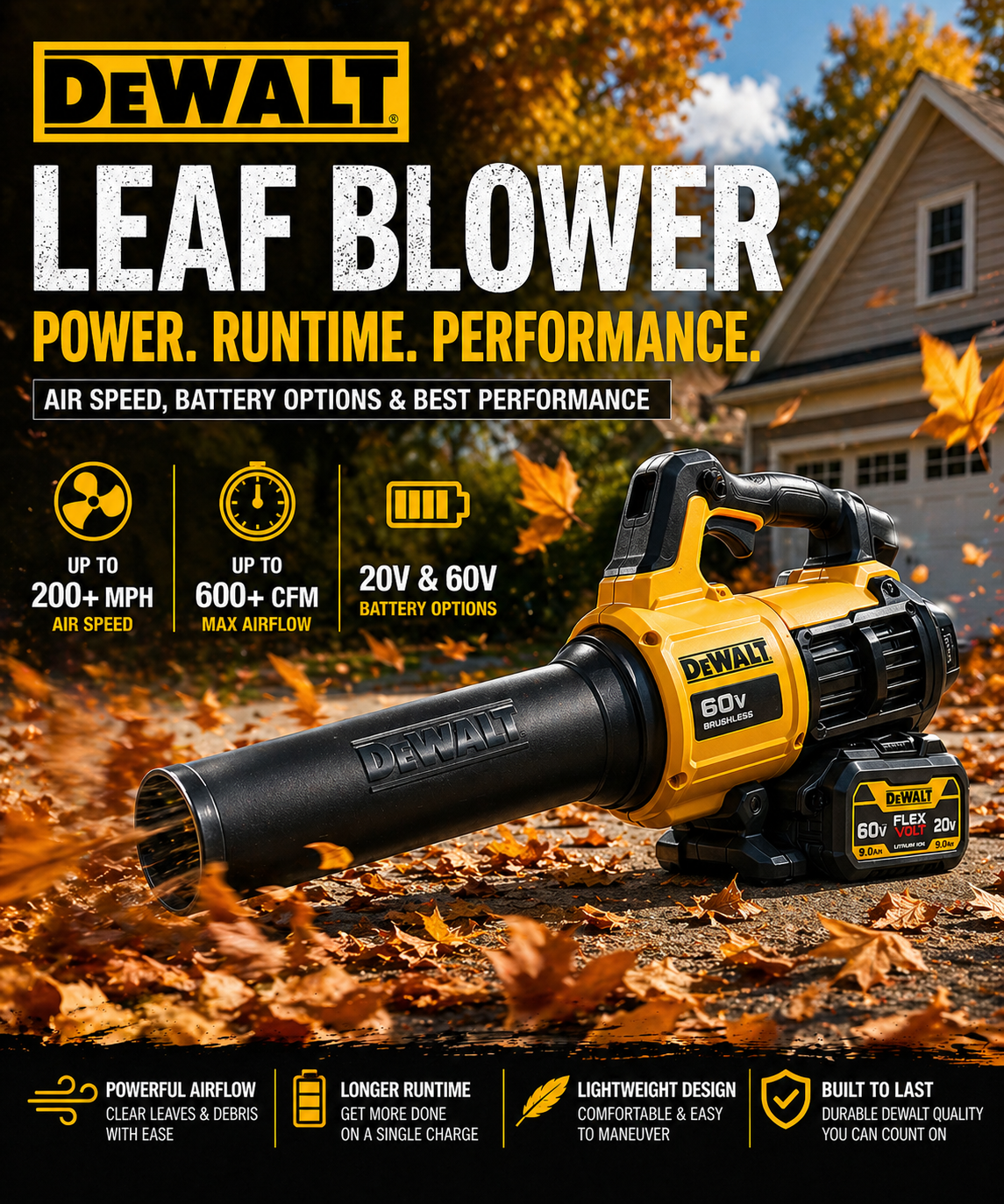 DeWalt cordless leaf blower clearing fall leaves with highlighted air speed, runtime, and 20V/60V battery options.