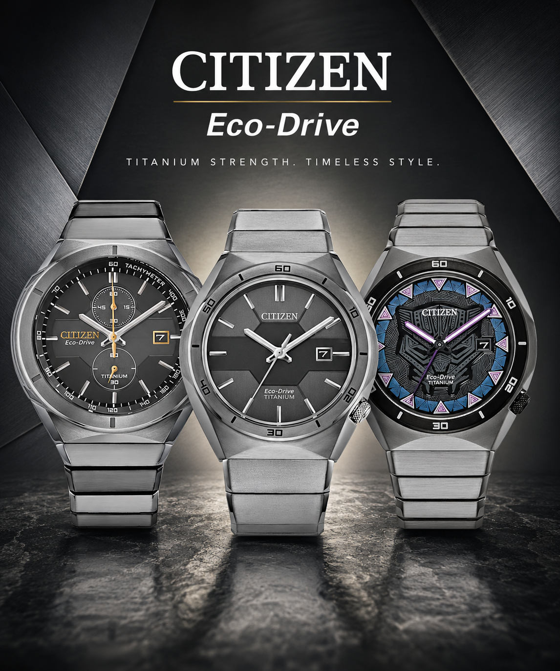 Three Citizen Eco-Drive titanium watches featuring modern brushed titanium cases, sleek integrated bracelets, and a Black Panther special edition on a dark luxury background.