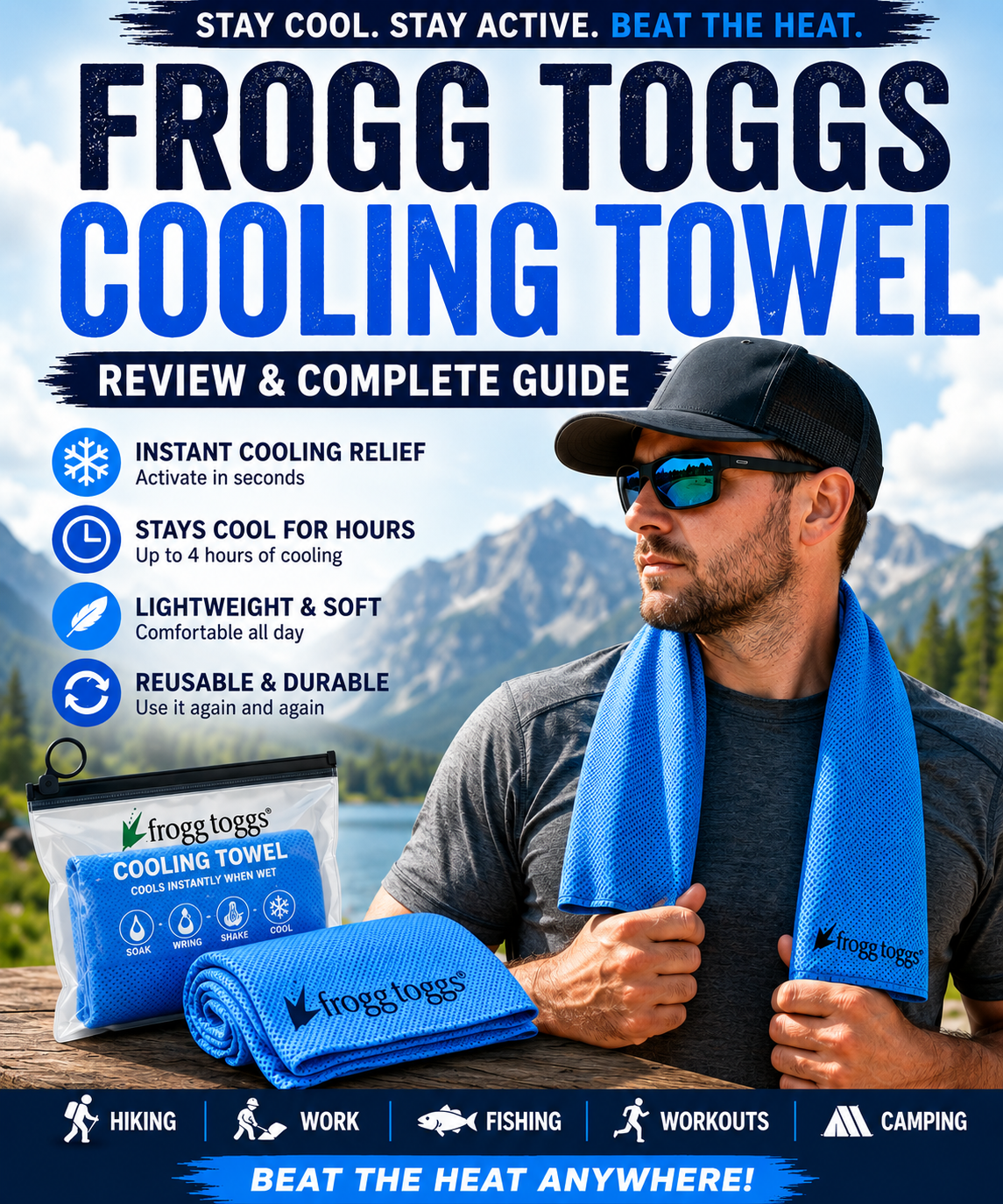 Frogg Toggs cooling towel being worn outdoors with product displayed, highlighting instant cooling, reusable design, and long-lasting heat relief for hiking, workouts, and outdoor work.