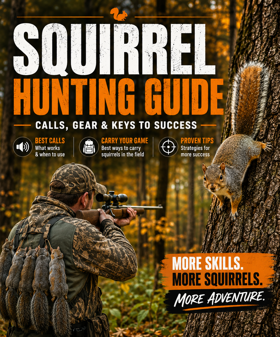 Hunter squirrel hunting in hardwood forest using calls and carrying game on strap