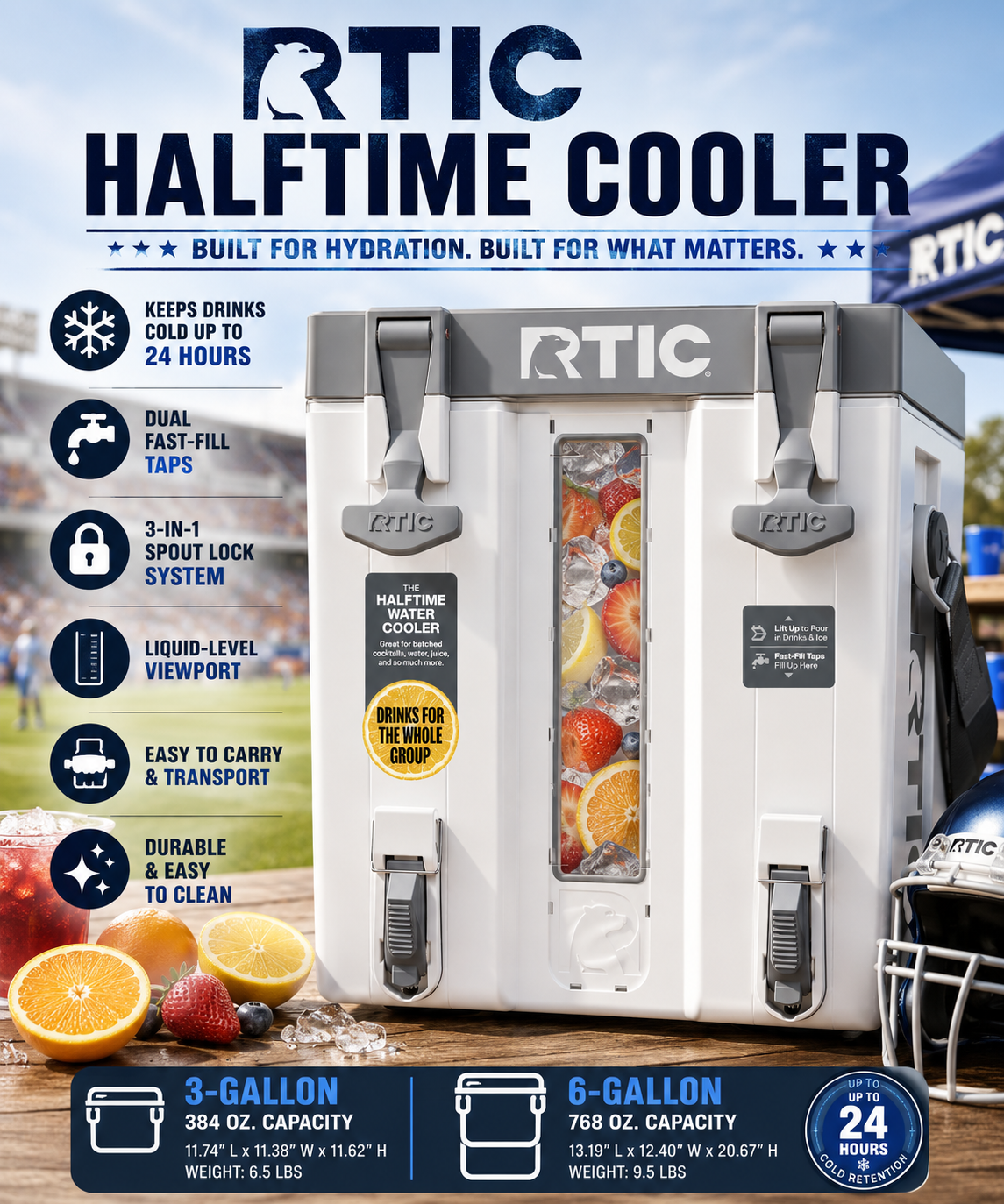 RTIC Halftime Cooler with dual fast-fill taps, liquid-level viewport, gray and white body, fruit-filled beverage window, and sports tailgate background.