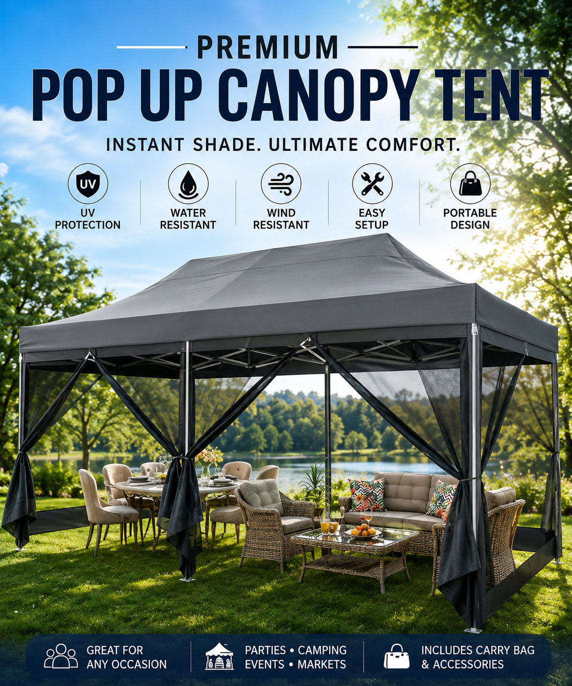 Premium gray pop up canopy tent with mesh sidewalls, patio furniture, UV protection icons, and outdoor lake background.