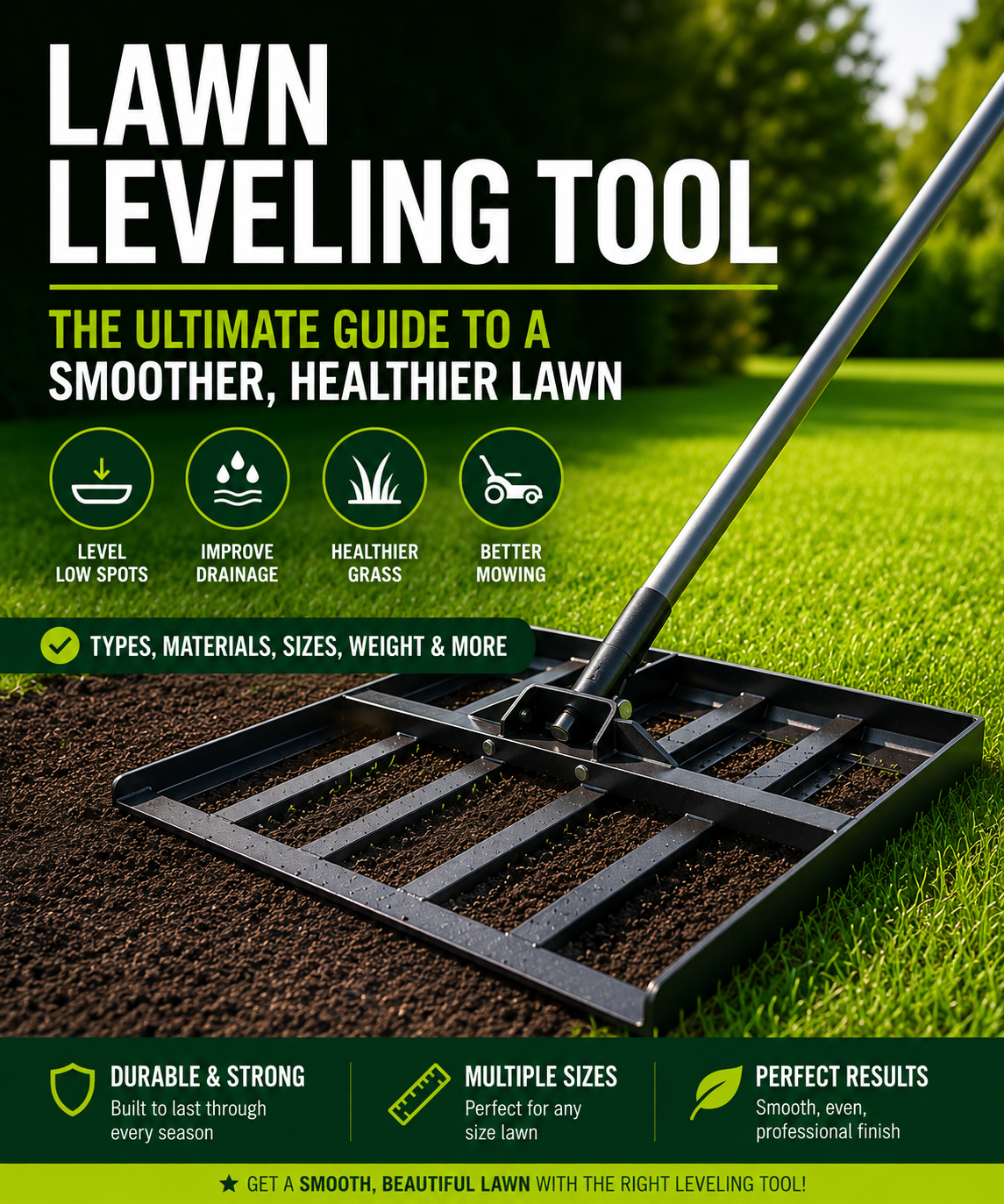 Professional lawn leveling tool smoothing topsoil across a healthy green lawn for lawn repair and leveling guide article.