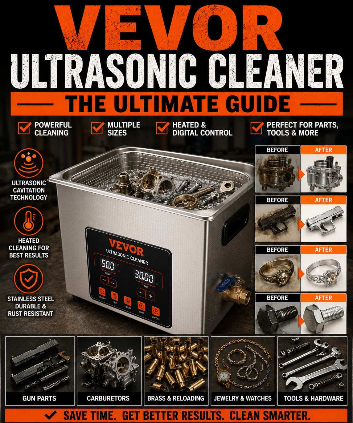 VEVOR ultrasonic cleaner cleaning automotive tools jewelry and firearm parts in stainless steel tank