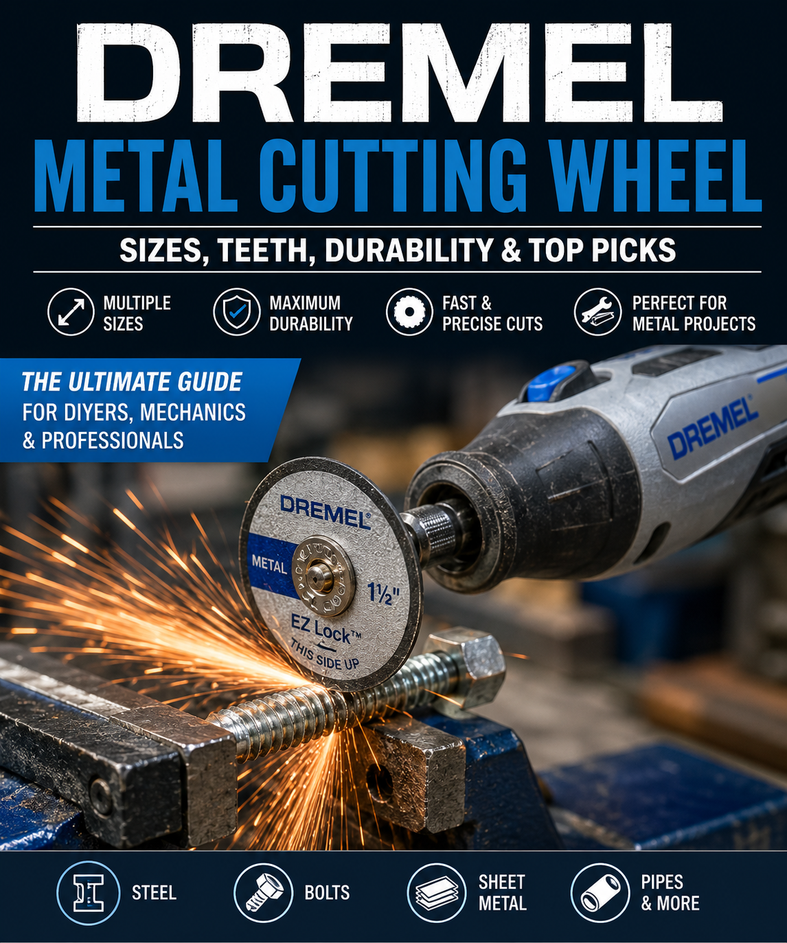 Close-up of a Dremel rotary tool using a metal cutting wheel on a steel bolt with sparks flying,  durability, and best cutting wheel picks for metal projects.