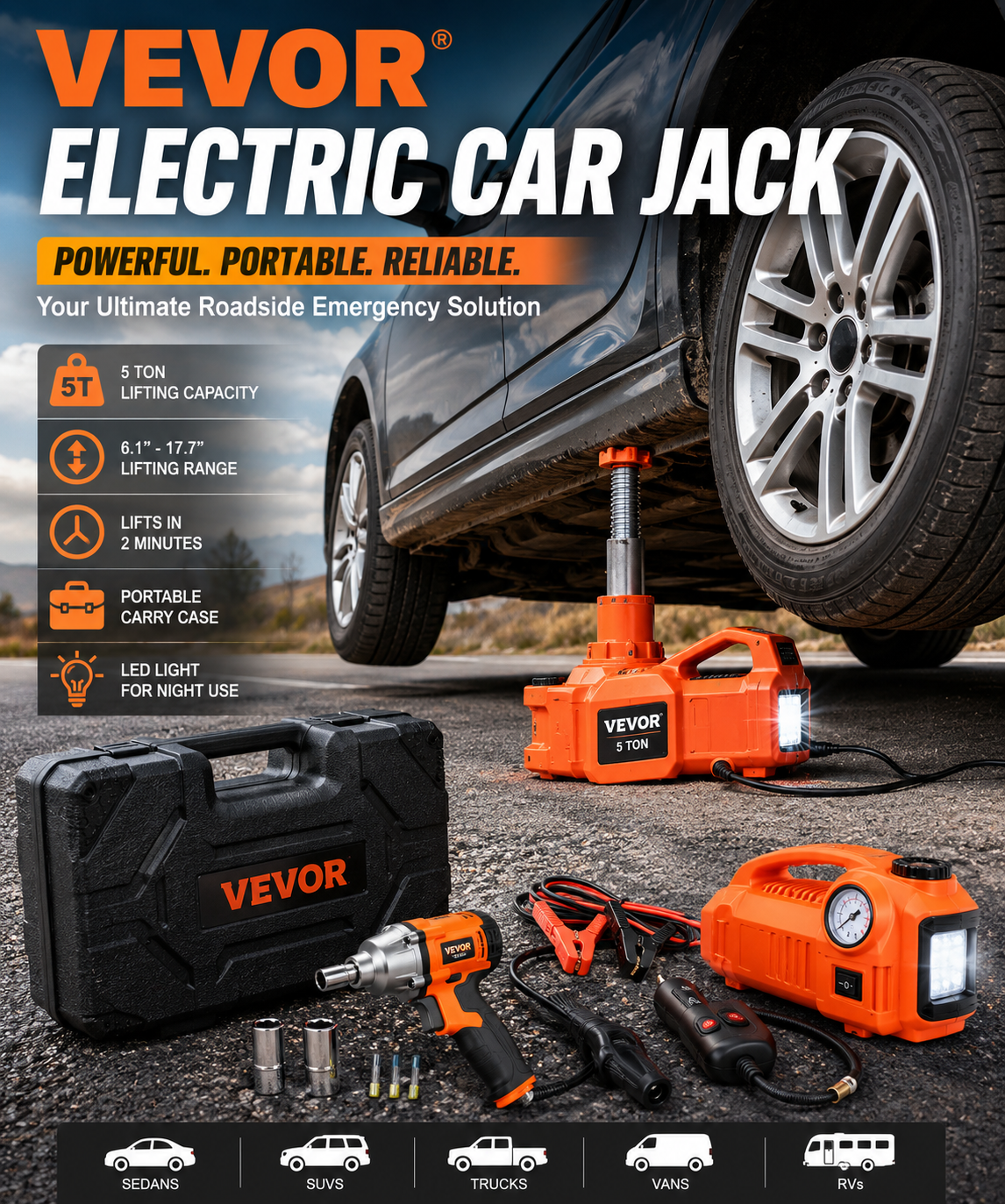 Portable VEVOR electric car jack lifting an SUV during a roadside tire change emergency.