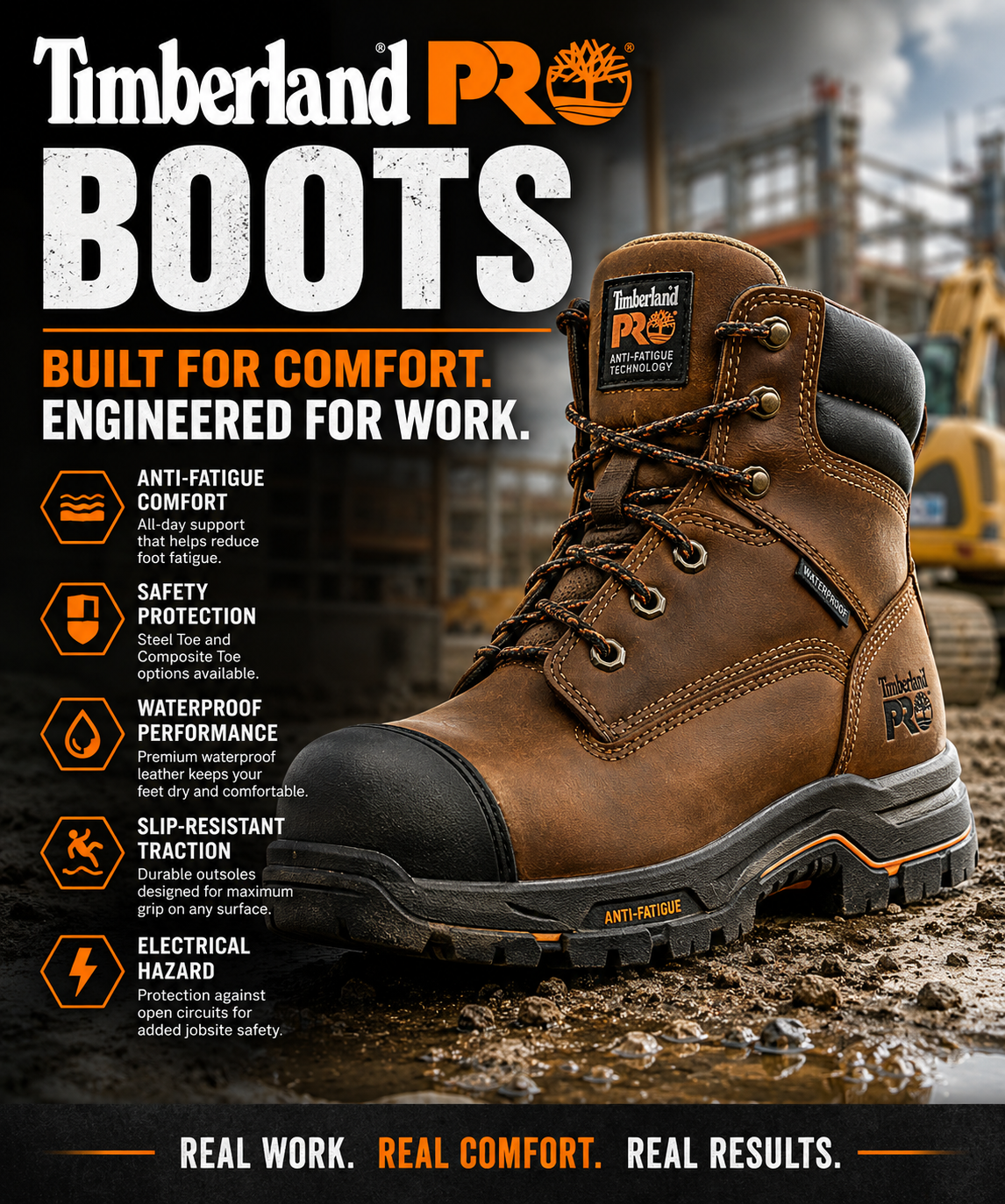 PRO work boots from Timberland, anti-fatigue comfort technology, safety toe protection, and rugged jobsite durability.