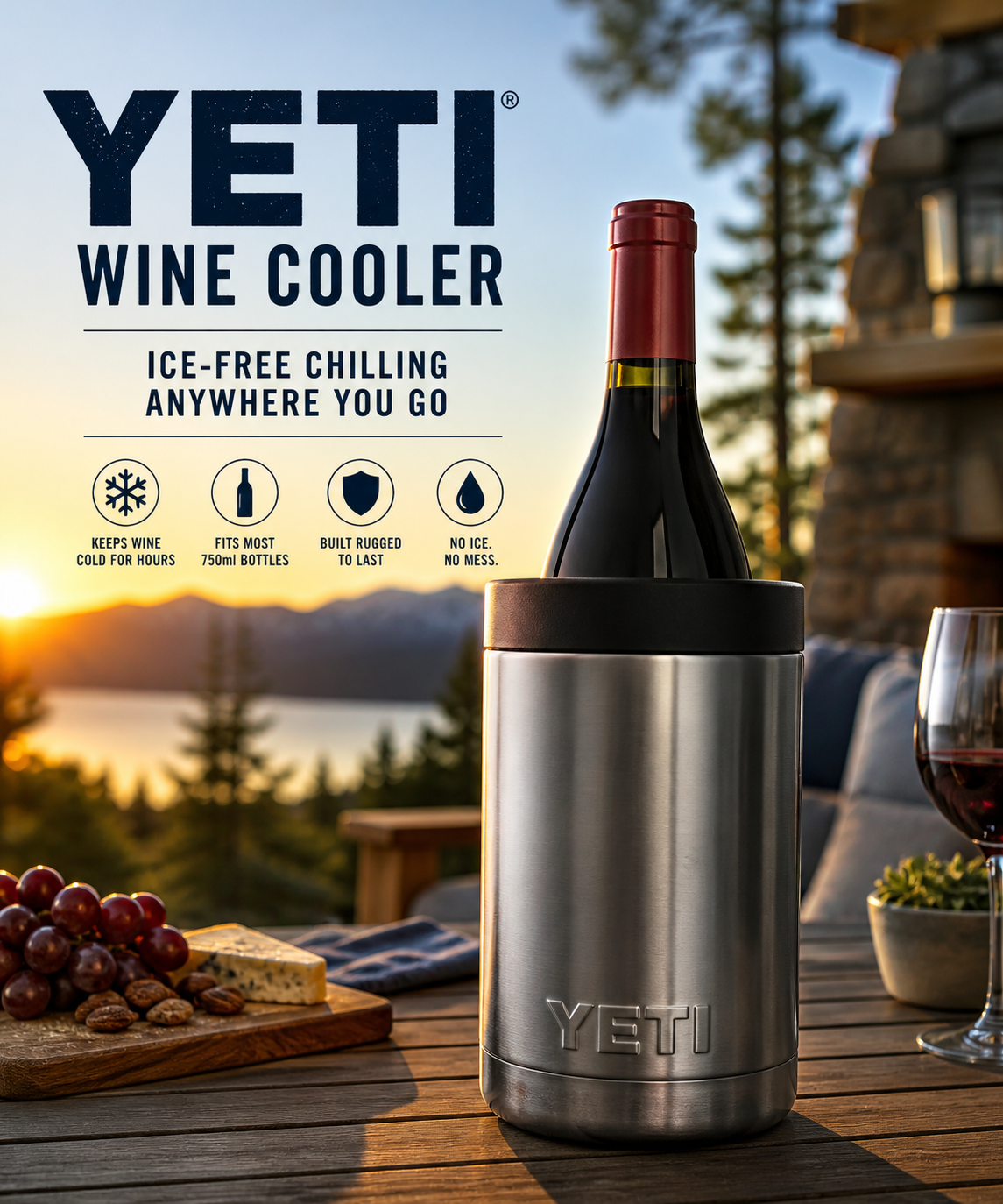“YETI Rambler Wine Chiller holding a wine bottle outdoors on a patio table, designed for ice-free temperature retention and portable use”