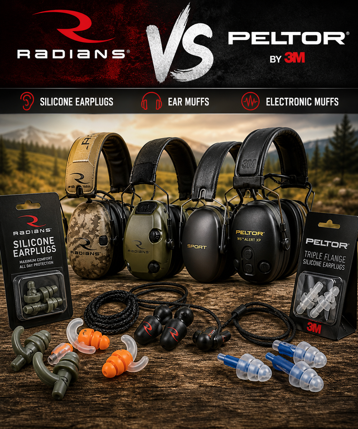 Peltor earmuffs and Radians ear plugs used for hunting and shooting protection