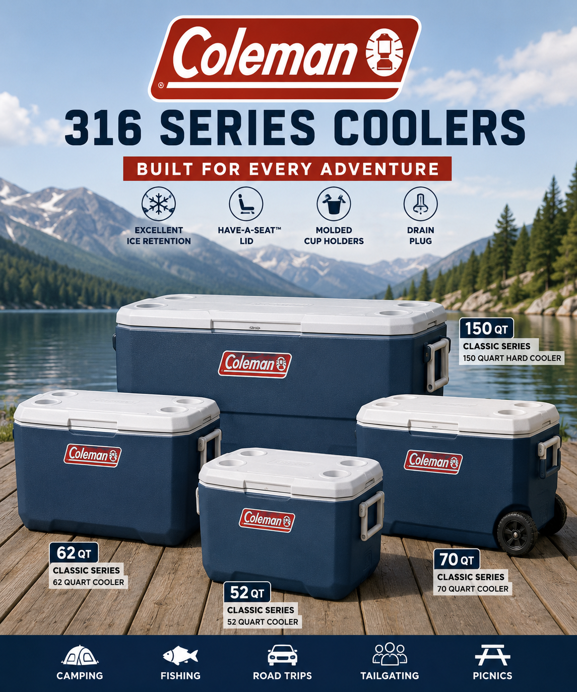 316 Series Cooler lineup featuring the 52-quart, 62-quart, 70-quart wheeled, and 150-quart hard cooler models displayed outdoors beside a mountain lake