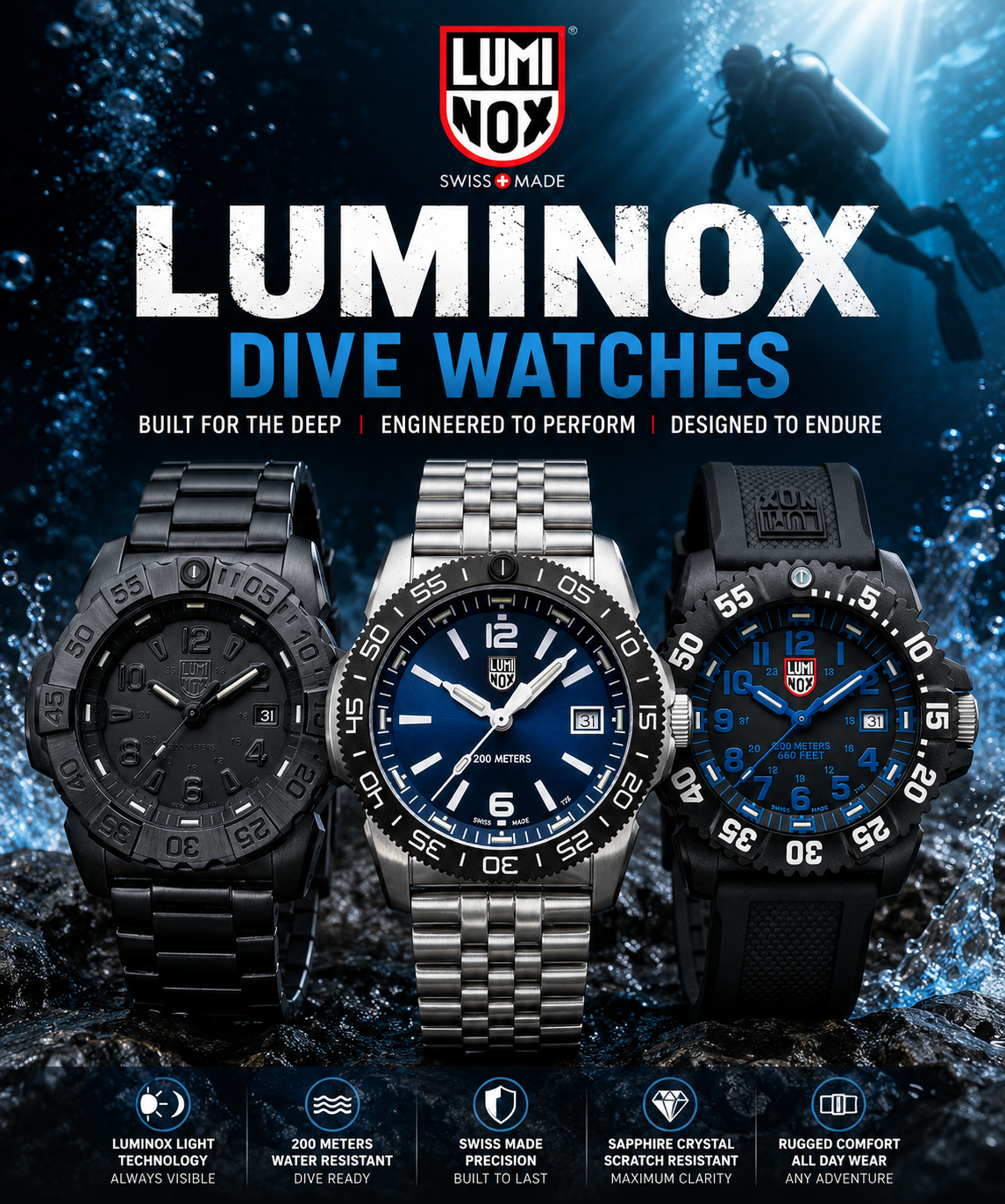 Luminox dive watch with tritium illumination, rotating bezel, and deep-water diving capabilities.