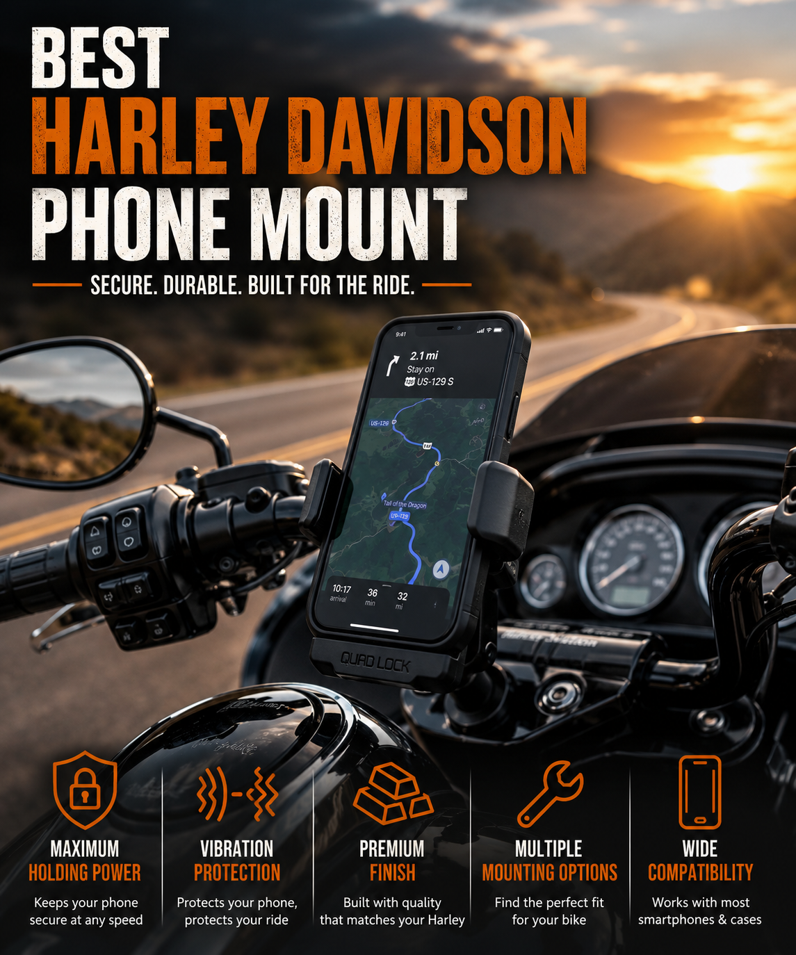 Premium Harley Davidson motorcycle with a secure phone mount installed on the handlebars during a scenic highway ride.